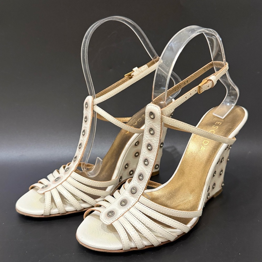 ESCADA Ivory White Leather Crystal Studded T-Strap Wedge Sandals Size 37 1/2